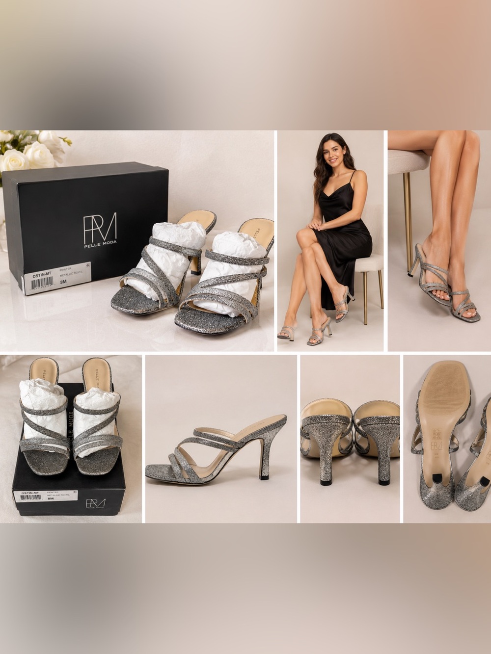NEW Pelle Moda Ostin-MT Pewter Metallic Textil Heels Sandals Size 8M